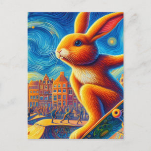 Skateboarding Brown Bunny Surreal Colourful and Fu Postcard