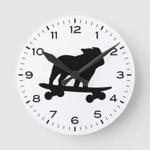 Skateboarding Bulldog Silhouette Humourous Dog Round Clock
