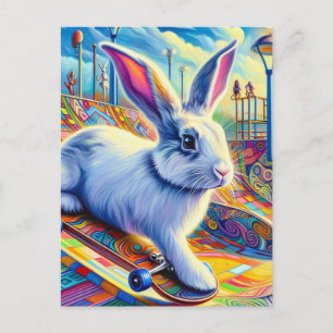 Skateboarding Bunny Surreal Colourful and Fun Postcard