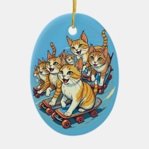 Skateboarding Cats on the Move Ceramic Tree Decoration