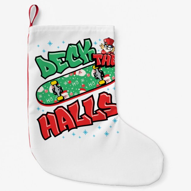 Skateboarding Christmas Skateboard Deck the Halls Small Christmas Stocking (Front)
