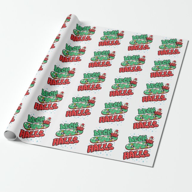 Skateboarding Christmas Skateboard Deck the Halls Wrapping Paper (Unrolled)