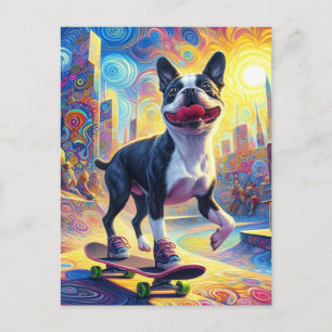 Skateboarding Colourful Surreal Boston Terrier Postcard