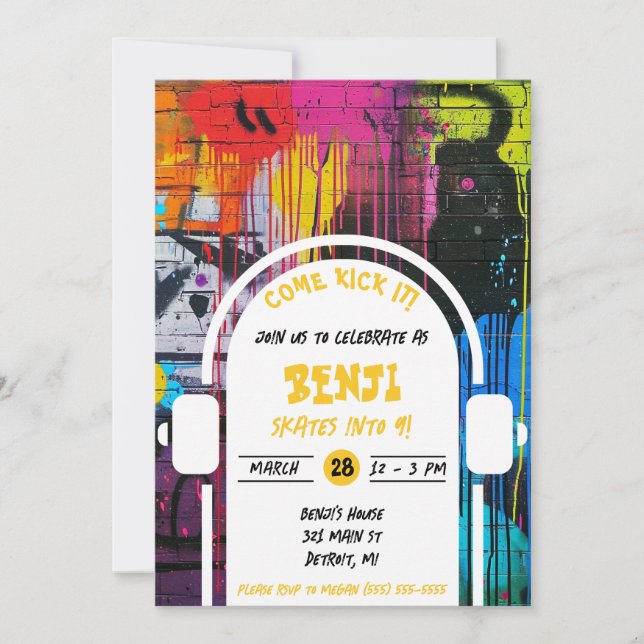 Skateboarding,Come Kick It Graffiti Birthday Party Invitation (Front)