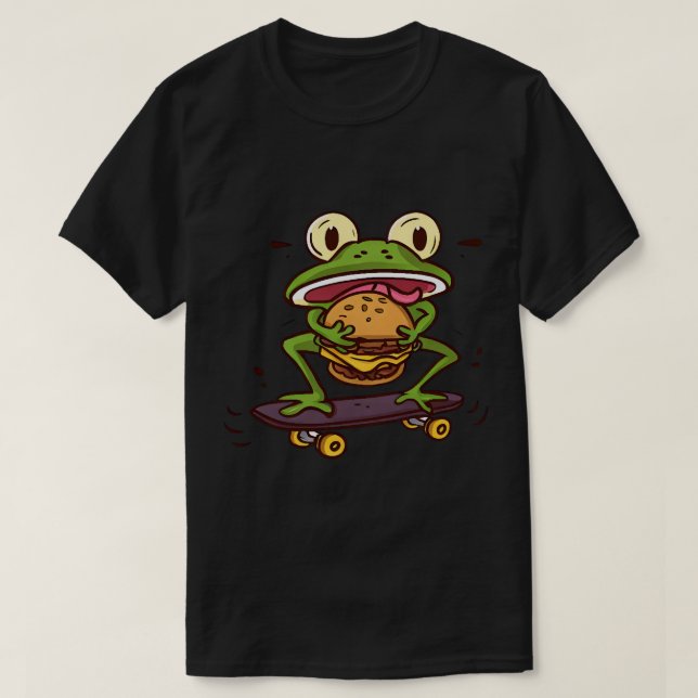 Skateboarding frog with cheeseburger T-Shirt (Design Front)