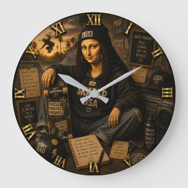 Skateboarding Funny Mona Lisa Skater Gift Large Clock (Front)