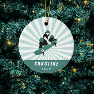 Skateboarding Girl Custom Skater Name Kids Ceramic Tree Decoration