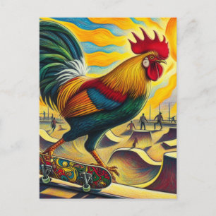 Skateboarding Rooster Colourful and Fun Postcard