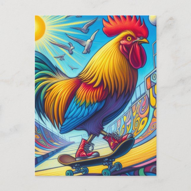 Skateboarding Rooster Surreal Colourful and Fun Postcard (Front)