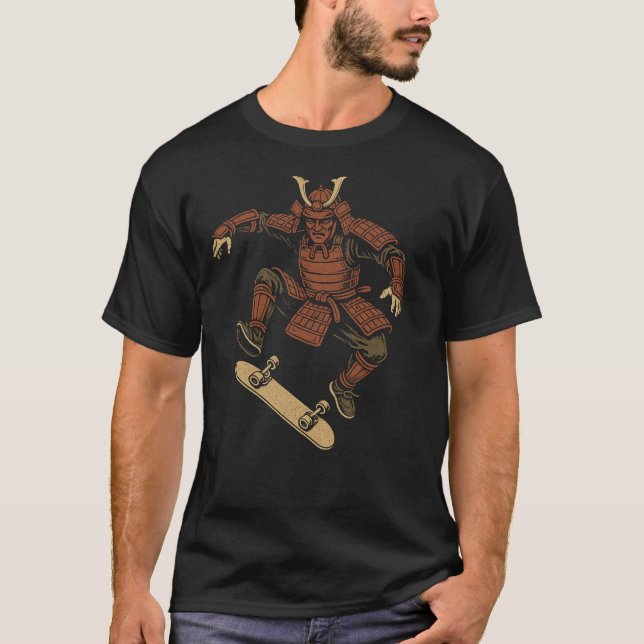 Skateboarding Samurai – Urban Streetwear Design T-Shirt (Front)