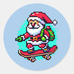 Skateboarding Santa: Quirky 8-Bit Christmas Classic Round Sticker