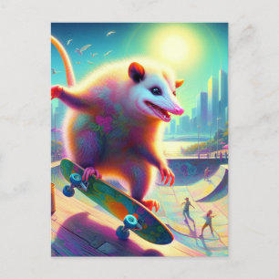 Skateboarding Surreal Adorable Opossum Postcard