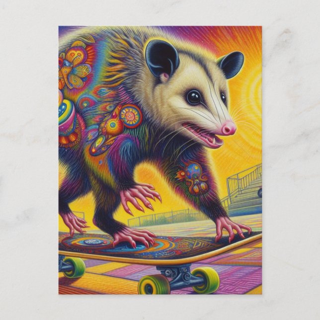 Skateboarding Surreal Adorable Opossum  Postcard (Front)
