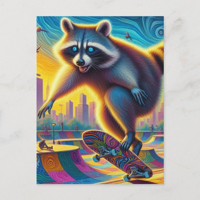 Skateboarding Surreal Adorable Racoon Postcard (Front)