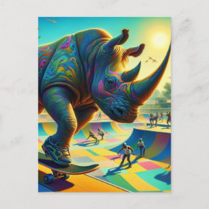 Skateboarding Surreal Adorable Rhino Postcard