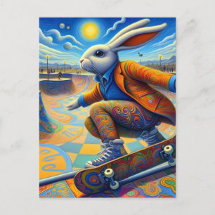 Skateboarding Surreal Colourful and Fun Rabbit Postcard