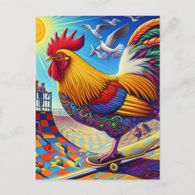 Skateboarding Surreal Colourful and Fun Rooster Postcard (Front)