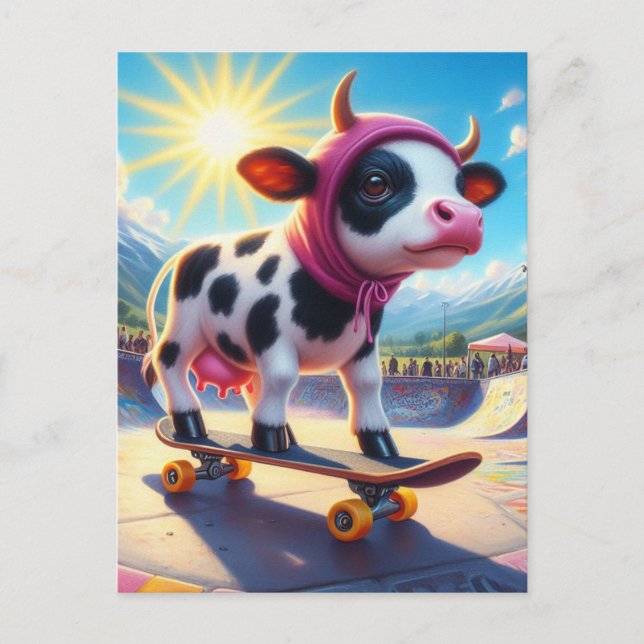 Skateboarding Surreal Cow Postcard (Front)
