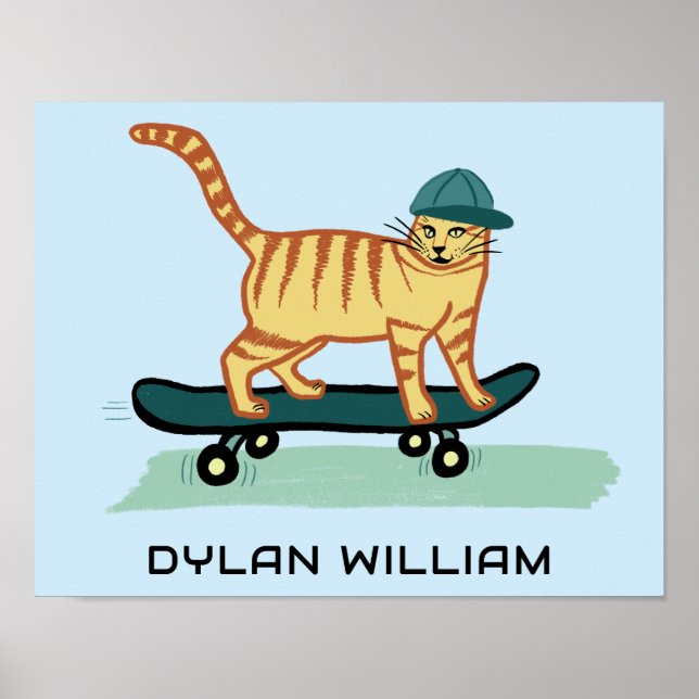 Skateboarding Tabby Cat Cute CUSTOM NAME Nursery  Poster (Front)