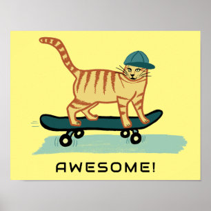 Skateboarding Tabby Cat Cute CUSTOM TEXT Nursery  Poster