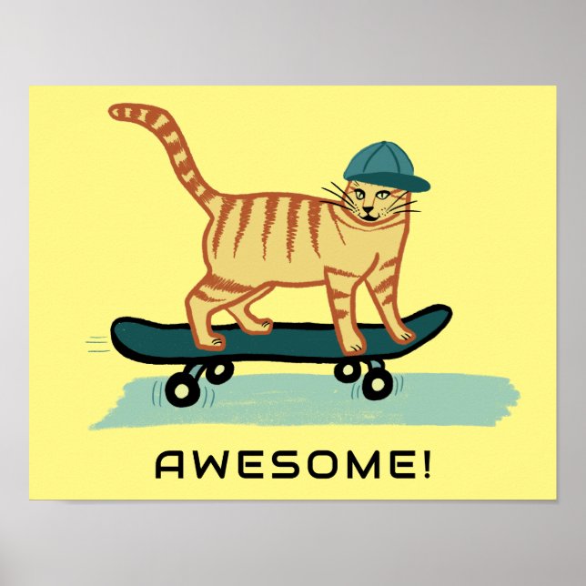 Skateboarding Tabby Cat Cute CUSTOM TEXT Nursery  Poster (Front)