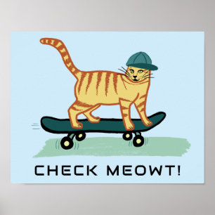 Skateboarding Tabby Cat Cute CUSTOM TEXT Nursery  Poster