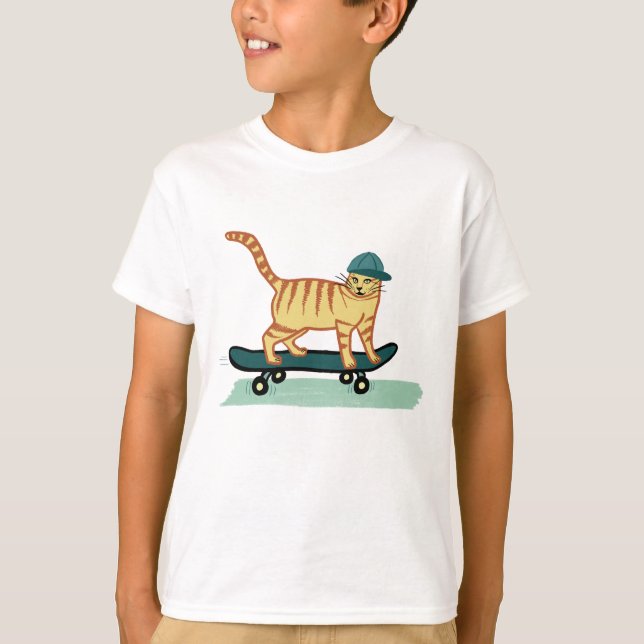 Skateboarding Tabby Cat Cute T-Shirt (Front)