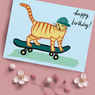 Skateboarding Tabby Cat HAPPY BIRTHDAY Postcard