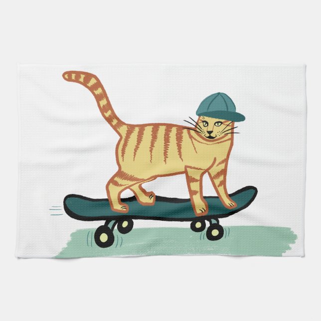 Skateboarding Tabby Cat Tea Towel (Horizontal)