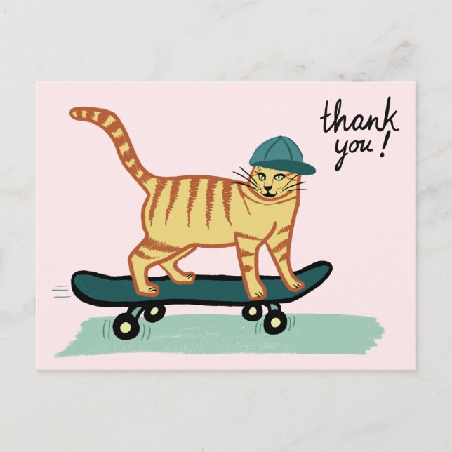 Skateboarding Tabby Cat THANK YOU Postcard (Front)