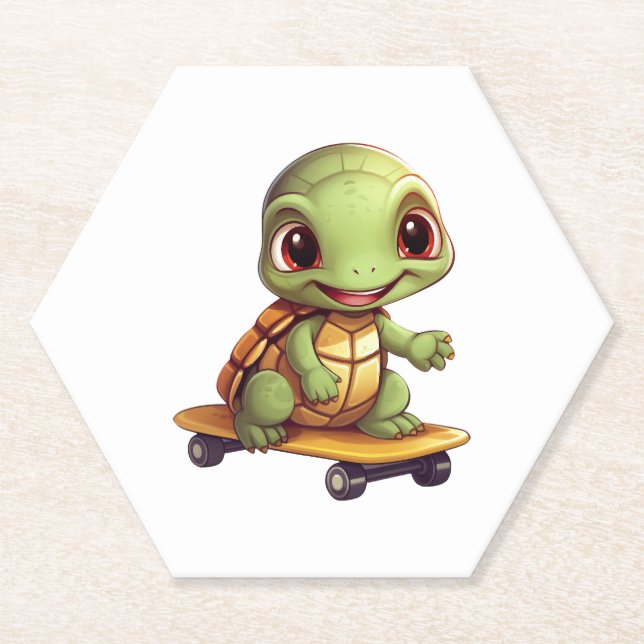 Skateboarding Turtle, Athletic Animal Design Paper Coaster (Front)