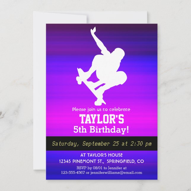 Skateboarding; Vibrant Violet Blue and Magenta Invitation (Front)