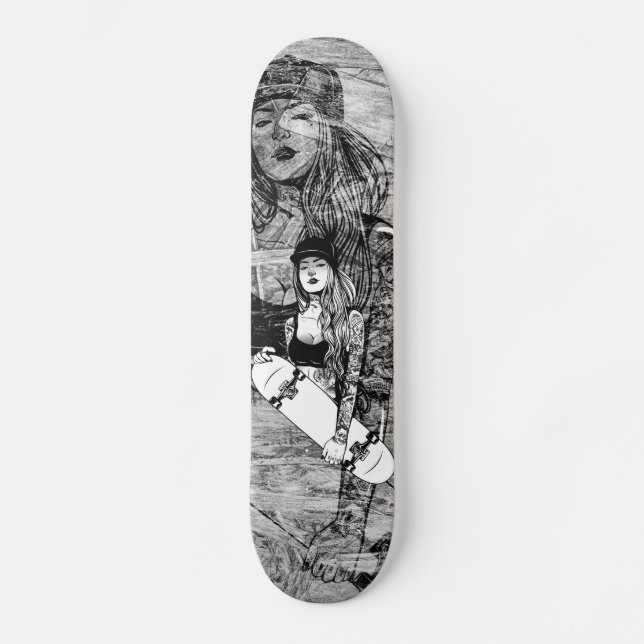 Skateboards femme tatouée style urbain sur bois (Front)