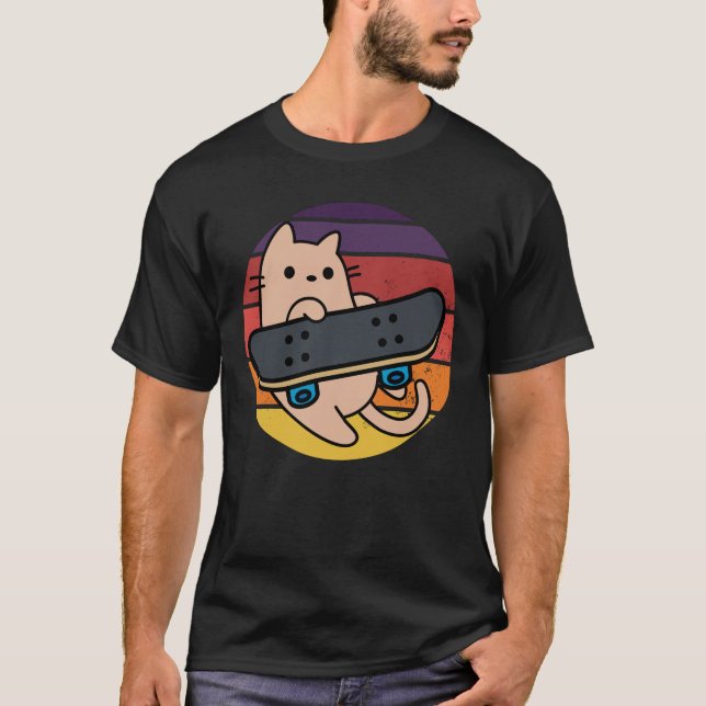Skater Cat with Skateboard Vintage Sunset T-Shirt (Front)
