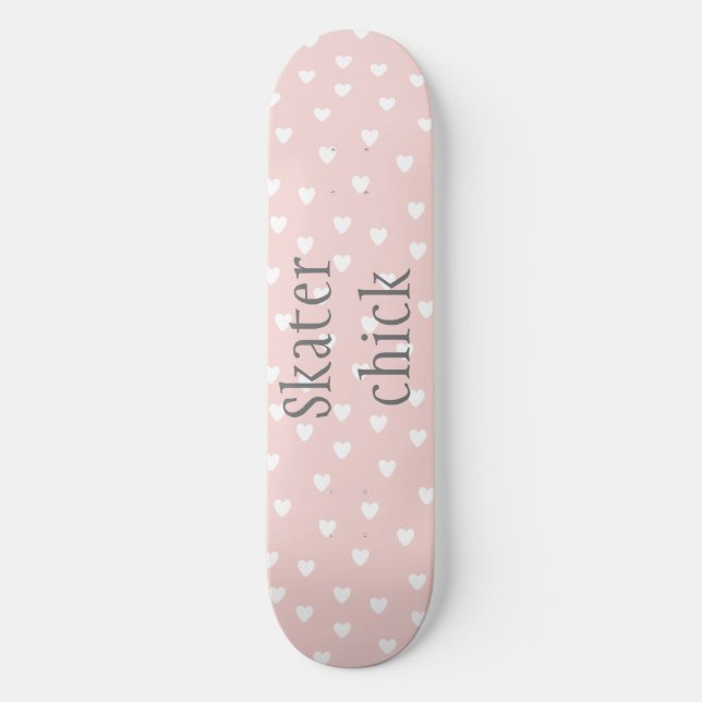 Skater Chick | Blush Pink with White Hearts Girls Skateboard (Front)