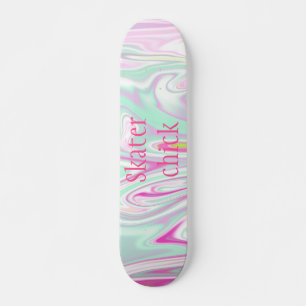 Skater Chick   Teal and Pink Marble Pattern Girls Skateboard