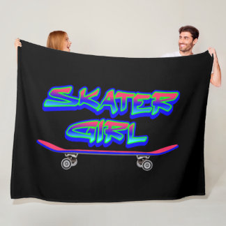 Skater Girl Blue Pink Graffiti Glow Skateboard Fleece Blanket