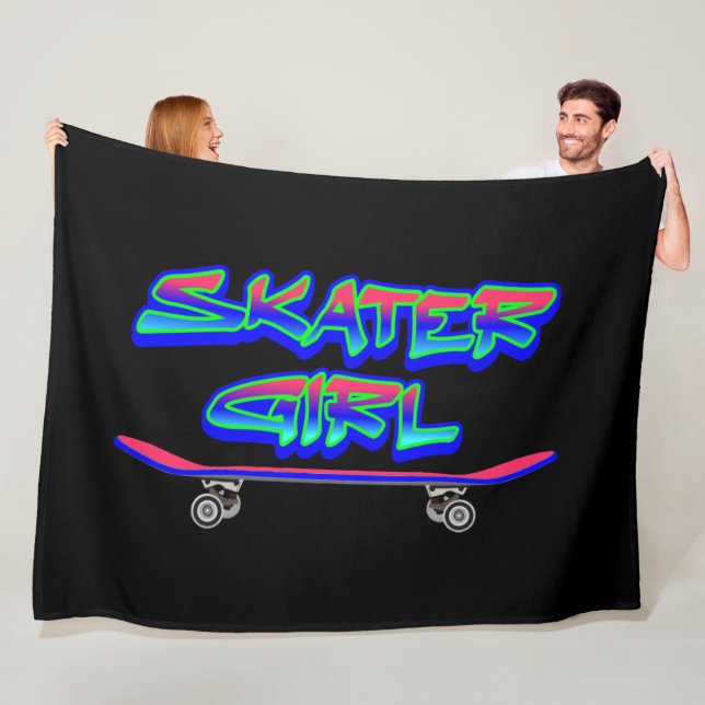 Skater Girl Blue Pink Graffiti Glow Skateboard     Fleece Blanket (In Situ)