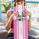 Skater Girl Pink White Racing Stripes Monogrammed Skateboard<br><div class="desc">Create your own custom, personalised, classic girly pink and white racing stripes, cool, stylish, classy elegant typography script, best quality hard-rock maple competition shaped skateboard deck. To customise, simply type in your name / monogram / initials. While you add / design, you'll be able to see a preview of your...</div>