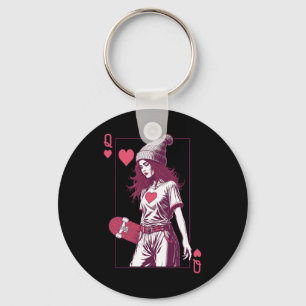 Skater Girl Queen Of Hearts Card Skateboarder Skat Key Ring