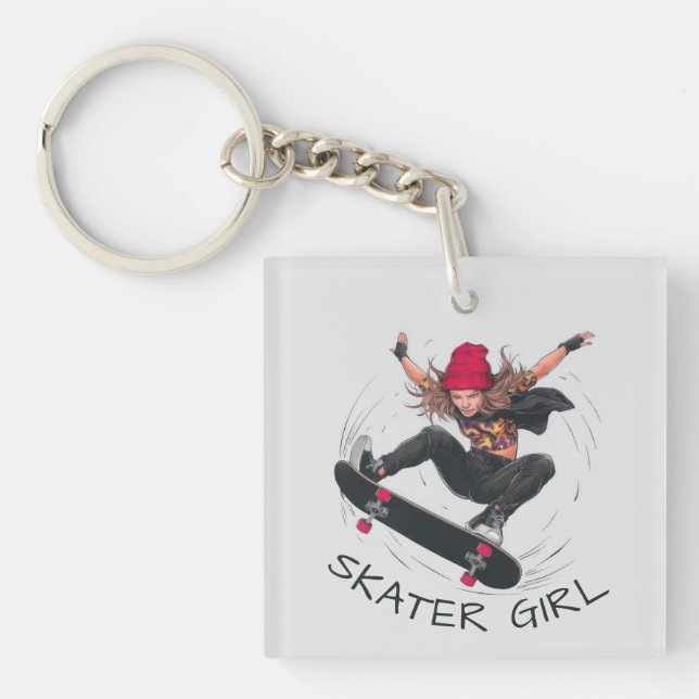 Skater Girl Skateboarding Key Ring (Front)