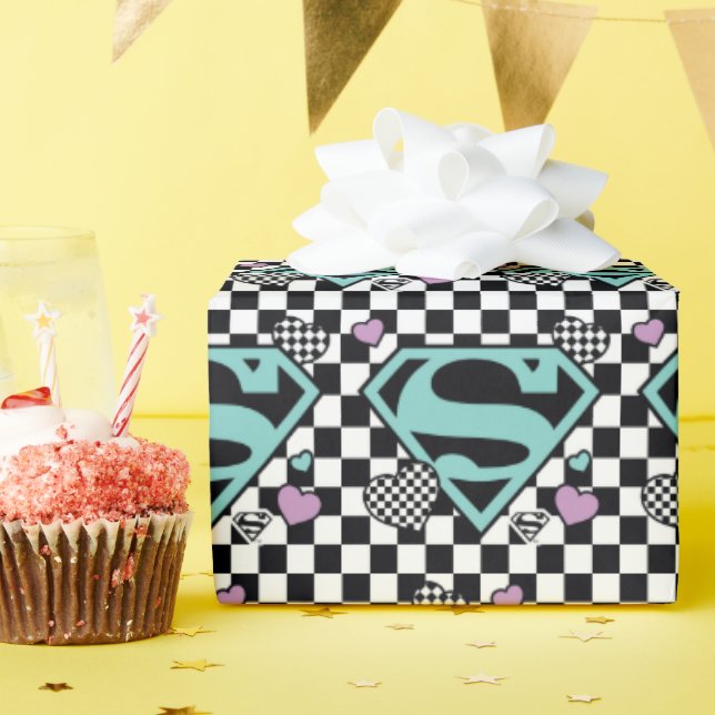 Skater Girl Supergirl Hearts S-Shield Wrapping Paper (Birthday Party)