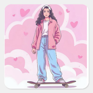 Skater Girl Vibes – Pastel Aesthetic Collage Square Sticker