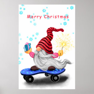 Skater Gnome with Gifts and Sparkler - Christmas Poster
