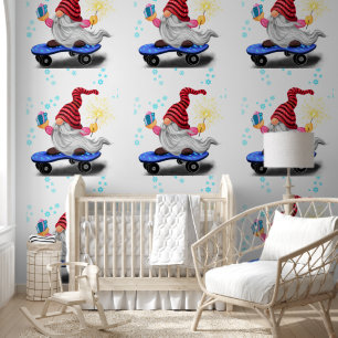 Skater Gnome with Gifts and Sparkler Christmas Wallpaper