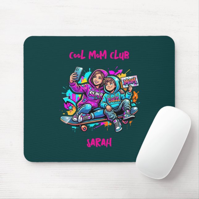 Skater Mom & Son Graffiti Dark Teal Mousepa Mouse Mat (With Mouse)
