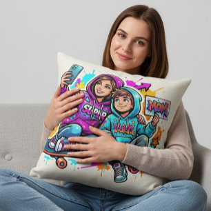 Skater Mom & Son: Vibrant Graffiti Art Pillow