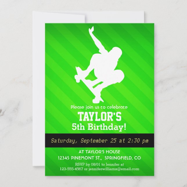 Skater; Neon Green Stripes Invitation (Front)