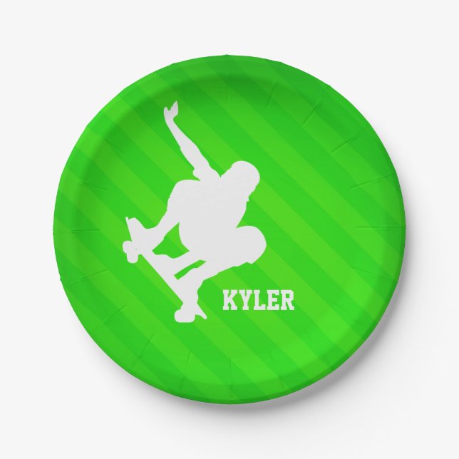 Skater; Neon Green Stripes Paper Plate (Front)