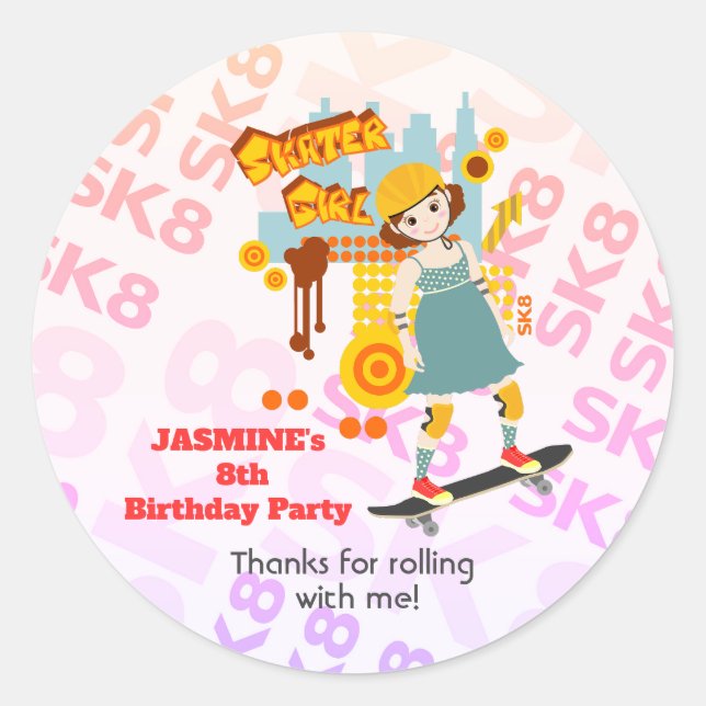 Skater Park Fun Girl Birthday Party Classic Round Sticker (Front)